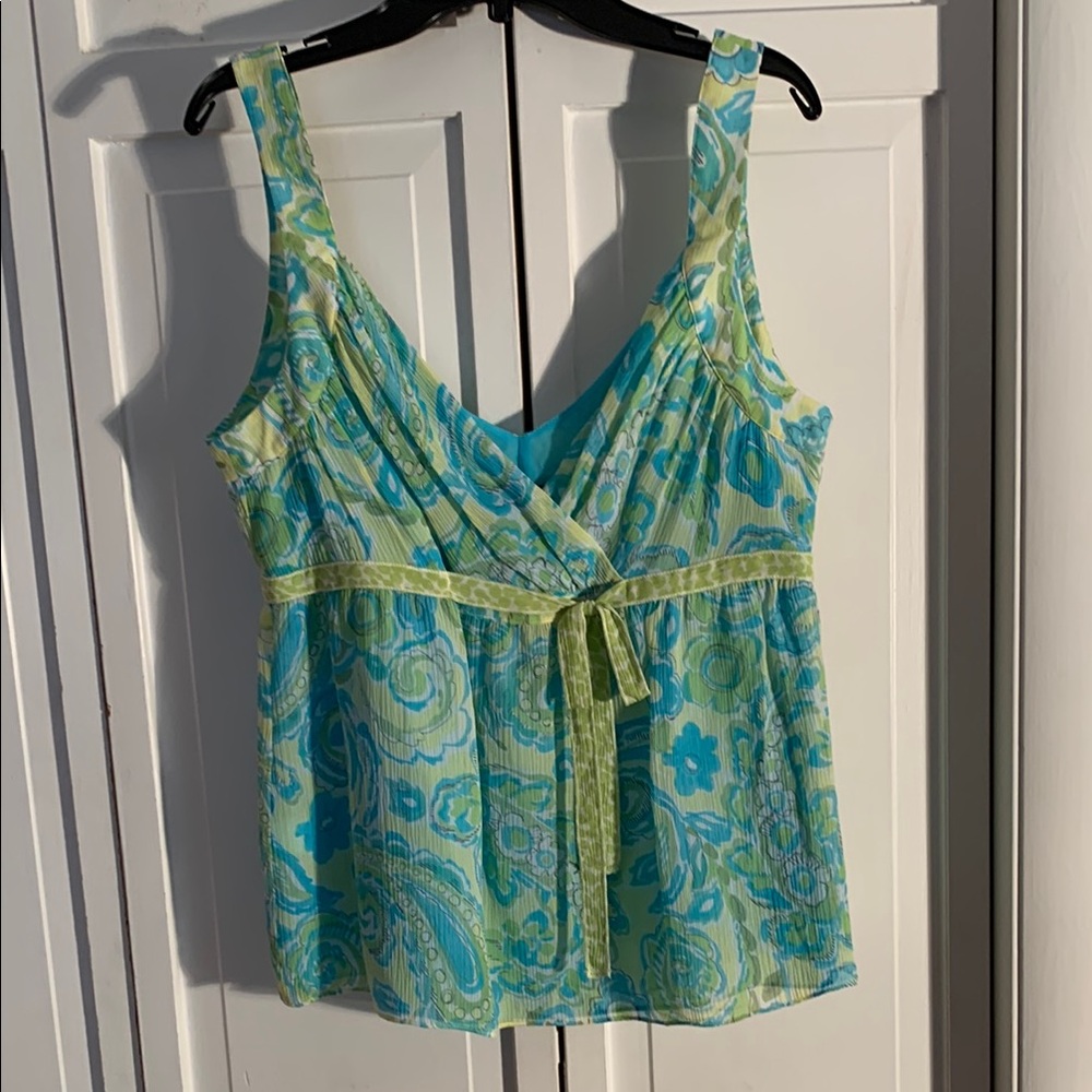 Sigrid Olsen 100% Silk Blue & Green Plunge V-Neck Sleeveless Blouse 🆕